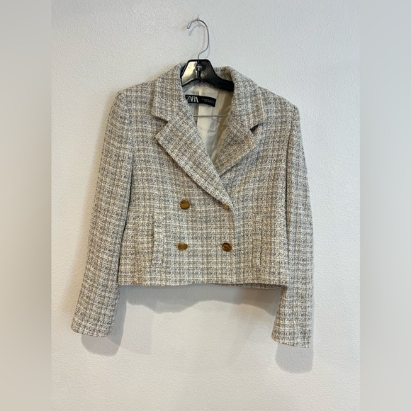 Zara Double Breasted Textured Weave Jacket Blazer Size Medium - Picture 7 of 11